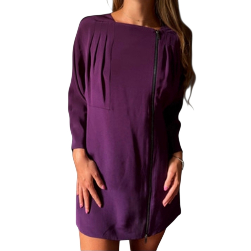 Gucci 100% silk Purple asymmetrical zip Pleated Cutout Elegant Dress Sz 42/Med - Picture 2 of 16
